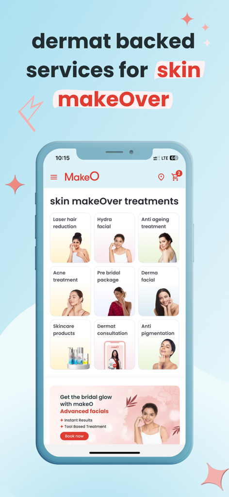 MakeO app interface displaying various dermatologist backed skin treatments including laser hair reduction and advanced facials.