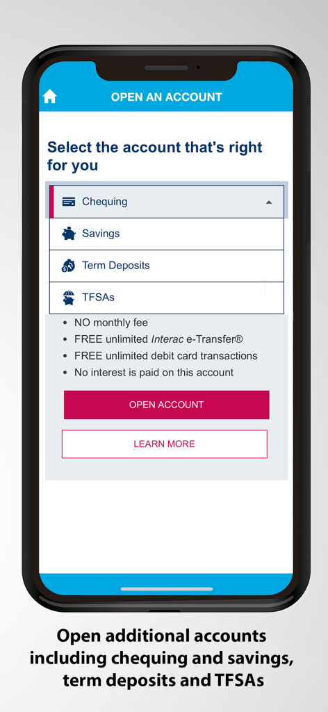 Envision Financial mobile app screen showing options to open new chequing savings term deposits and TFSA accounts
