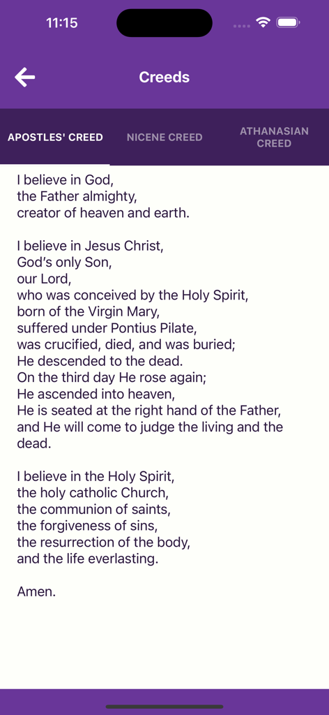 Reformed Companion - Apostles Creed text displayed in the Reformed Companion app
