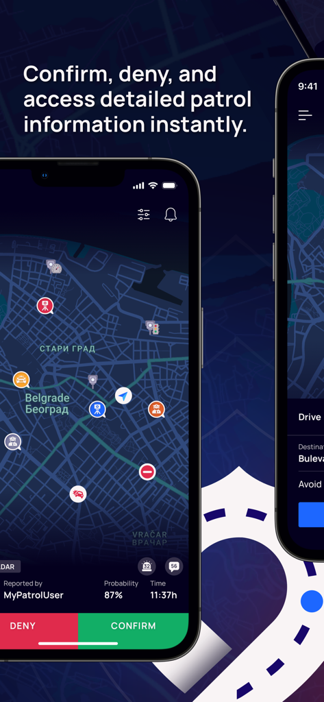 MyPatrol app map interface showing police patrol locations with confirm and deny reporting buttons.