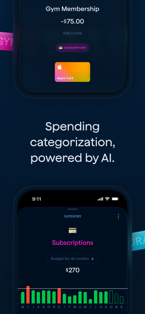 Mobile dashboard for Copilot Money showing AI spending categorization and subscription budget tracking