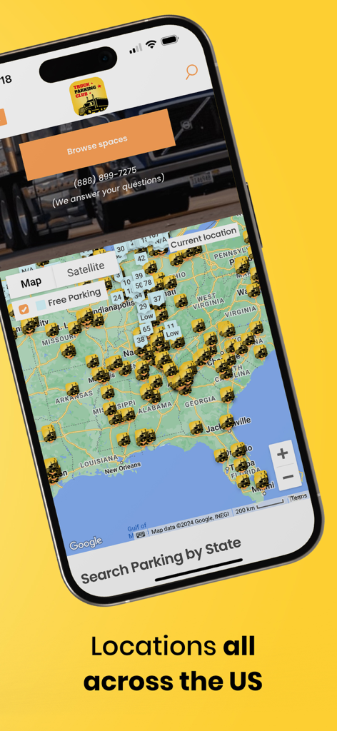 Smartphone screen displaying the Truck Parking Club app with a map showing available truck parking locations across the Eastern United States