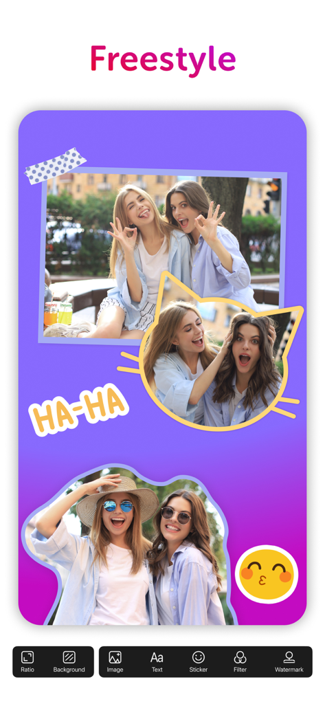 Collage Maker: CollagePlus - The freestyle collage feature in CollagePlus app showing photo layouts and stickers.