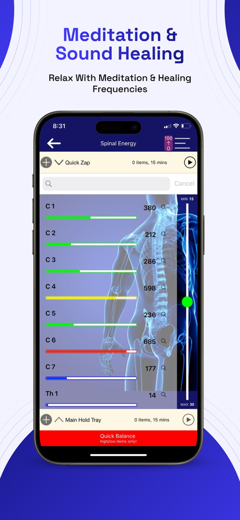 Genius Insight Biofeedback - Interfaz de la aplicación Genius Insight Biofeedback mostrando un escaneo de energía espinal con barras de frecuencia para cada vértebra.