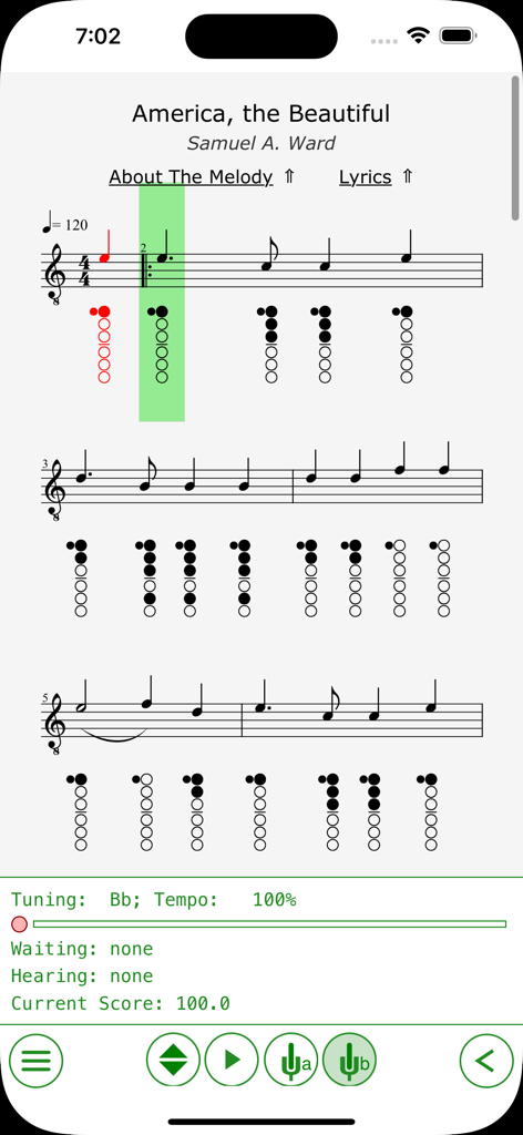 Clarinet Tabs app interface showing sheet music with fingering diagrams for America the Beautiful