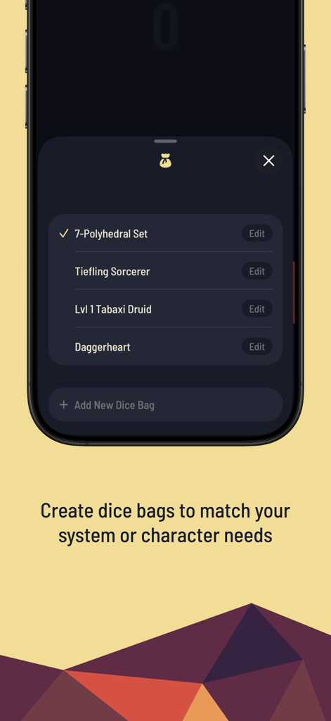 Menü in der Twilight Dice App, das benutzerdefinierte Würfelbeutel für verschiedene TTRPG-Charaktere wie Tiefling-Zauberer und Tabaxi-Druide zeigt.