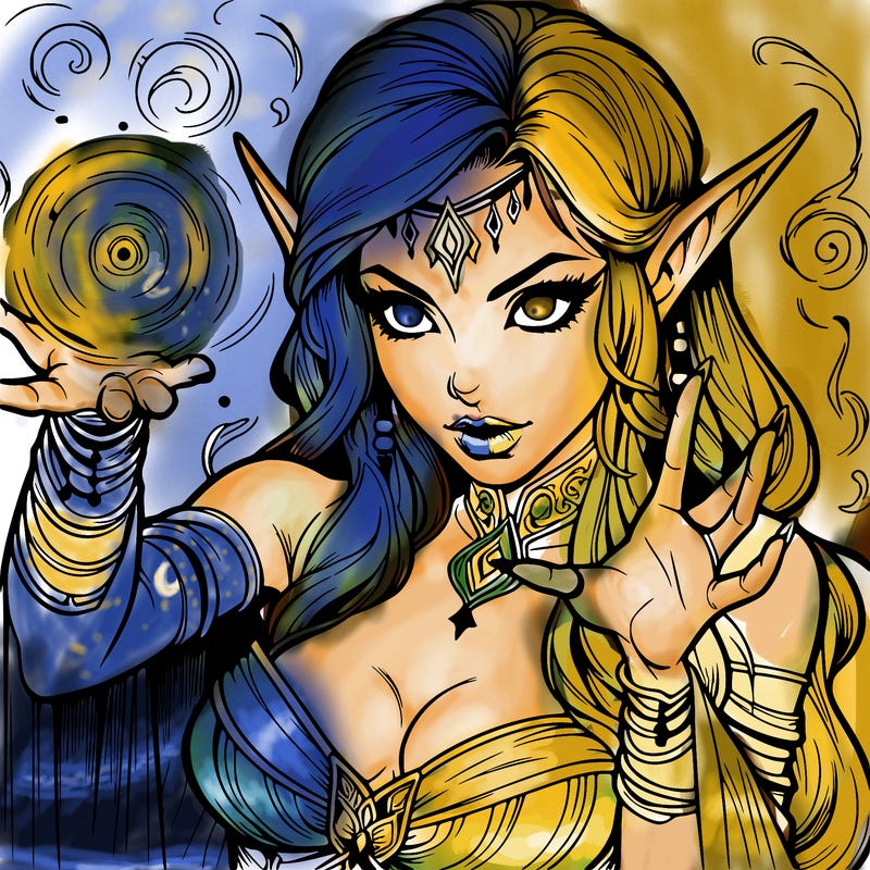 realistic scary beautiful elf sorceress casting spell