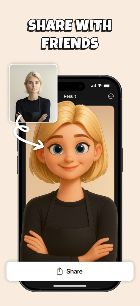 Pika Art - AI Video Effects - Interfaz de la aplicación Pika Art que muestra una foto real transformada en un avatar de dibujos animados en 3D con un botón para compartir.
