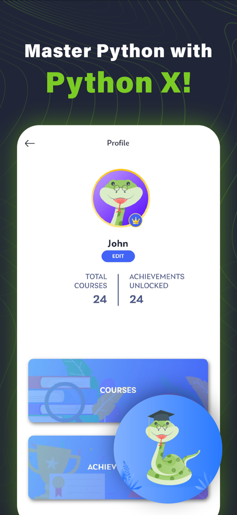 Learn Python Coding: Python X - コースの進捗状況と、緑色のヘビのマスコットが表示されたアンロックされた成果を表示するPython Xアプリのユーザープロファイル画面。