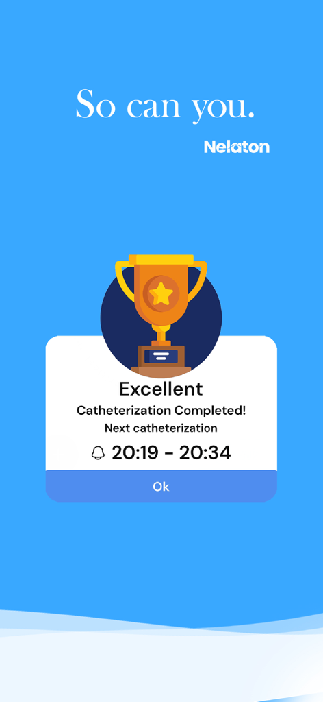 Nelaton: Self-Catheterization - Nelaton app confirmation screen showing a trophy icon and the scheduled time for the next catheterization session
