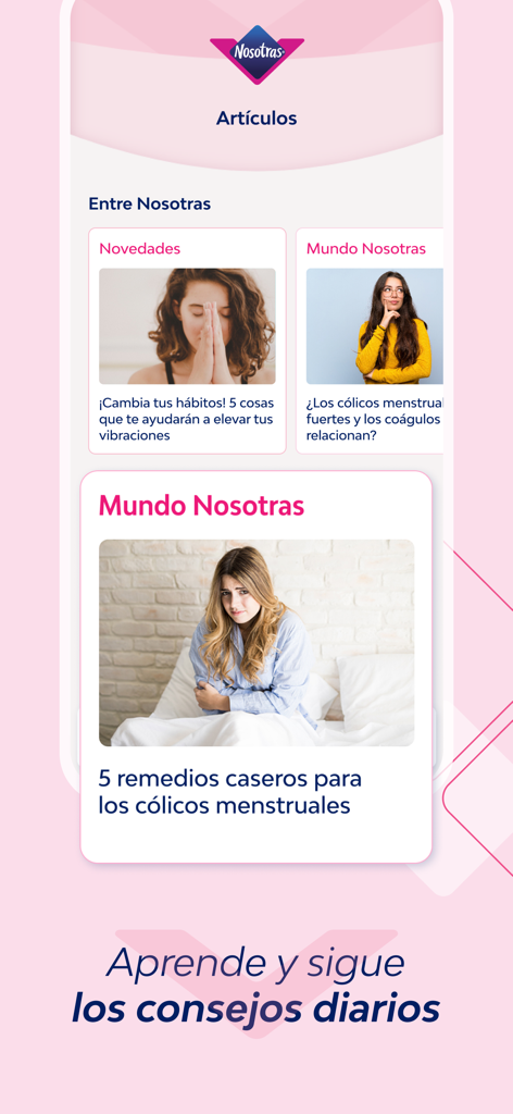 Nosotras V-App - Screenshot of the articles section in the Nosotras V-App featuring health tips and home remedies for women in Spanish.