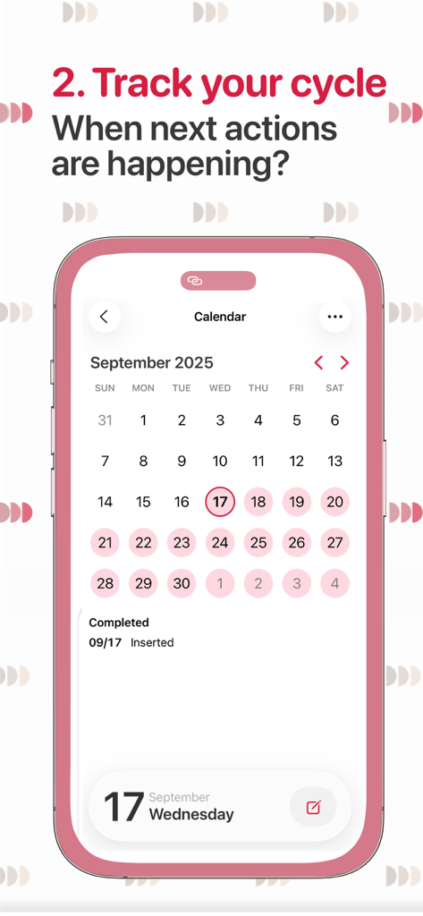Visualização de calendário no aplicativo Lembrete de Anel Contraceptivo mostrando o rastreamento do ciclo e a confirmação de inserção.