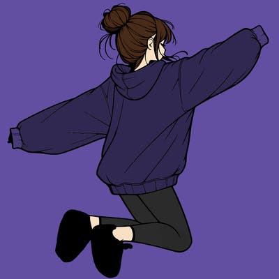 realistic girl jumping with a bun and oversized sweatshirt