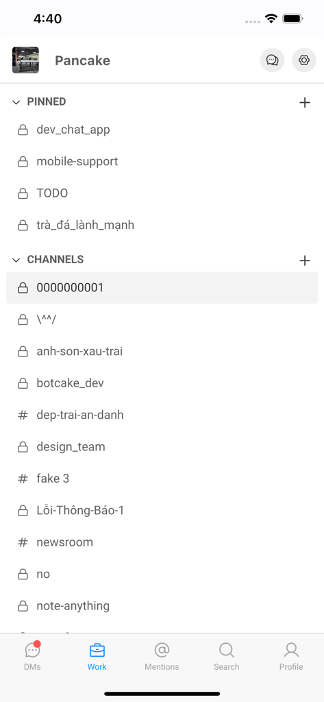 Pancake Work - The Pancake Work mobile app interface showing a list of pinned conversations and team communication channels.