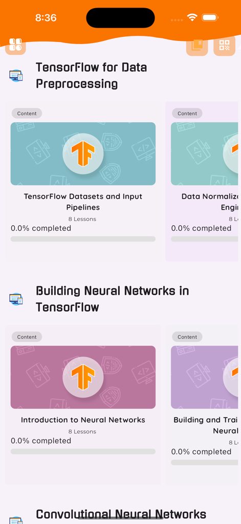 TensorFlowアプリのモバイル画面。データ前処理とニューラルネットワークのTensorFlowコースモジュールが表示されています。
