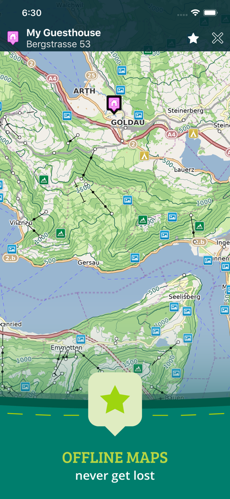 Pocket Earth app displaying a detailed topographic map for offline navigation and hiking.