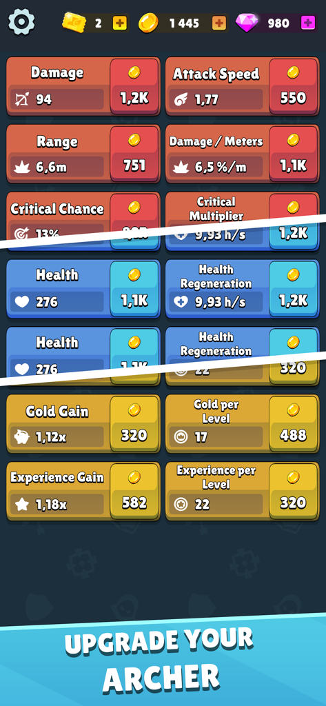 Mobile game screen showing archer upgrade options for stats like damage and health