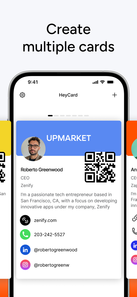 HeyCard Business Card Creator - Interfaccia dell'app HeyCard che mostra l'opzione per creare profili di biglietti da visita digitali multipli con codici QR