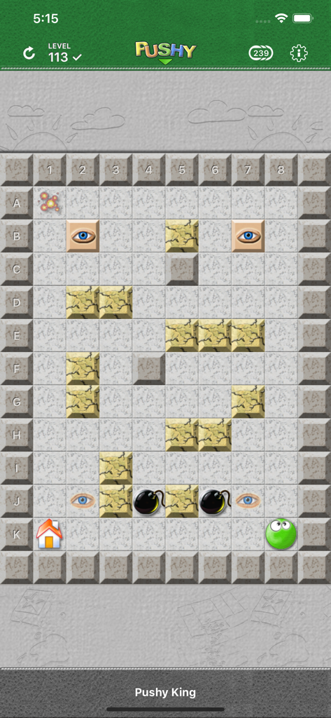 PUSHY - The Original - Ein Gameplay-Screenshot von PUSHY The Original, der ein Logik-Puzzle-Gitter mit der grünen Figur und verschiedenen Hindernissen zeigt