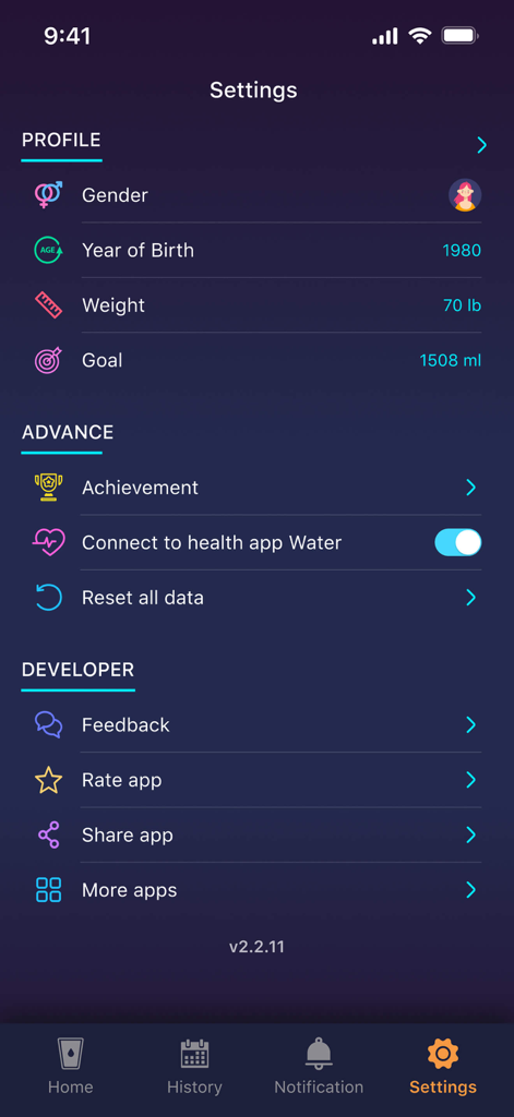 Drink water: Drinking reminder - L'interface des paramètres de l'application drink water montrant les options de profil et d'intégration