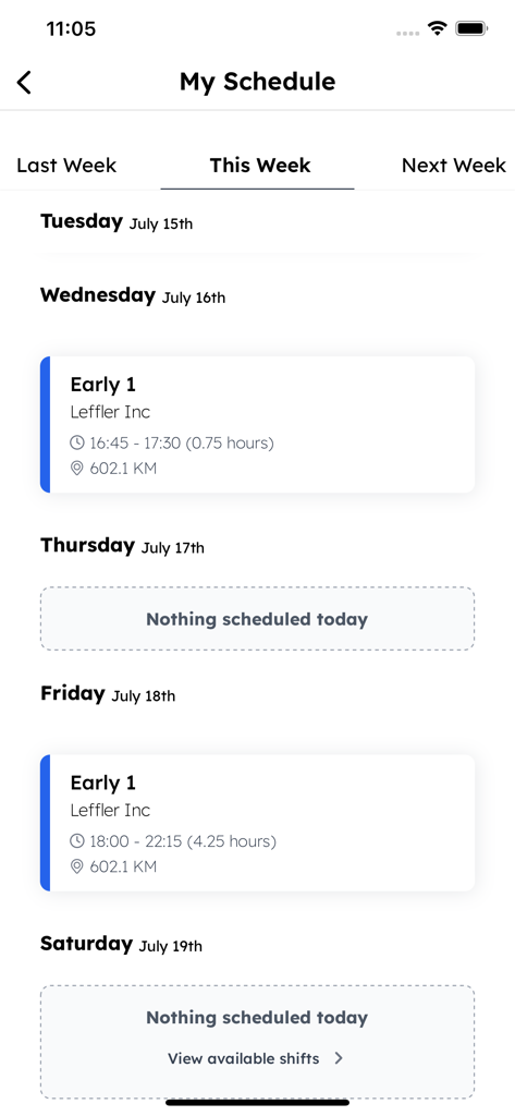 A mobile screen showing an employee work schedule with daily shifts and available hours to claim.