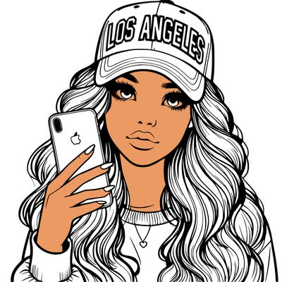 realistic beautiful girl wearing los ángeles cap holding an iphone