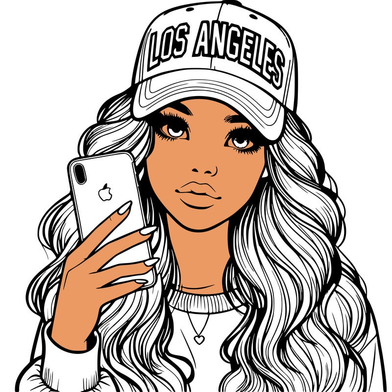 realistic beautiful girl wearing los ángeles cap holding an iphone