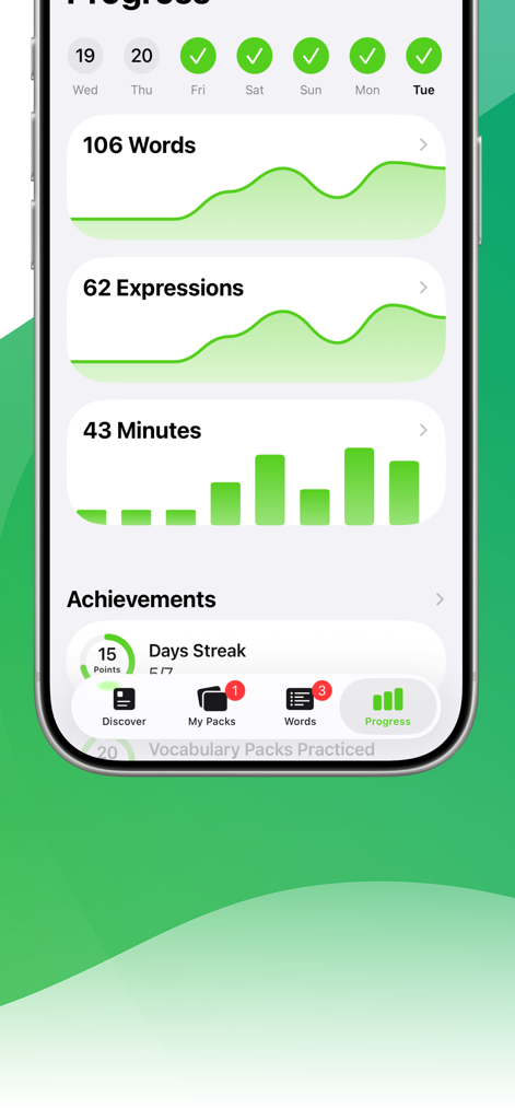 Fortschrittsdashboard in der LENGO-App, das Lernstatistiken für Wörter, Ausdrücke und Lernzeit anzeigt