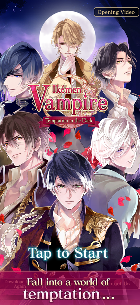 Ikemen Vampire Otome Gam‪e - Pantalla de título de Ikemen Vampire Otome Game mostrando seis atractivos personajes vampiro de anime bajo una luna llena.