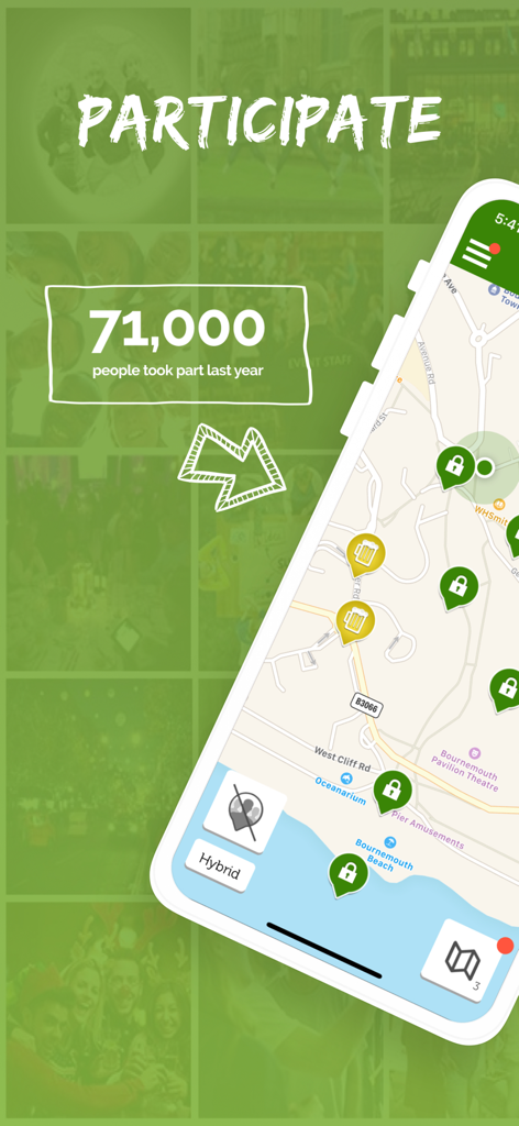 Mobile Adventures app screenshot showing an interactive scavenger hunt map and participation statistics