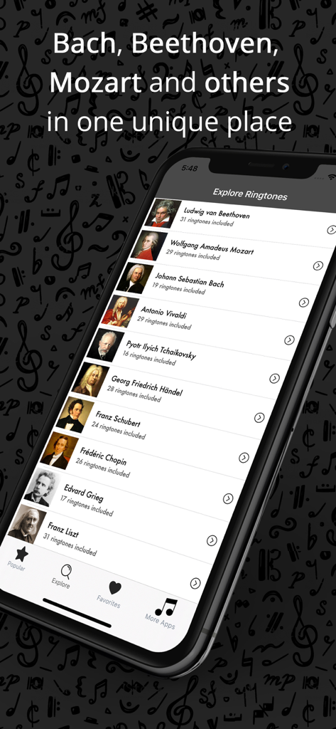 Classical Music Song Ringtones - 有名な作曲家のセレクションを表示するクラシック音楽着メロアプリの画面