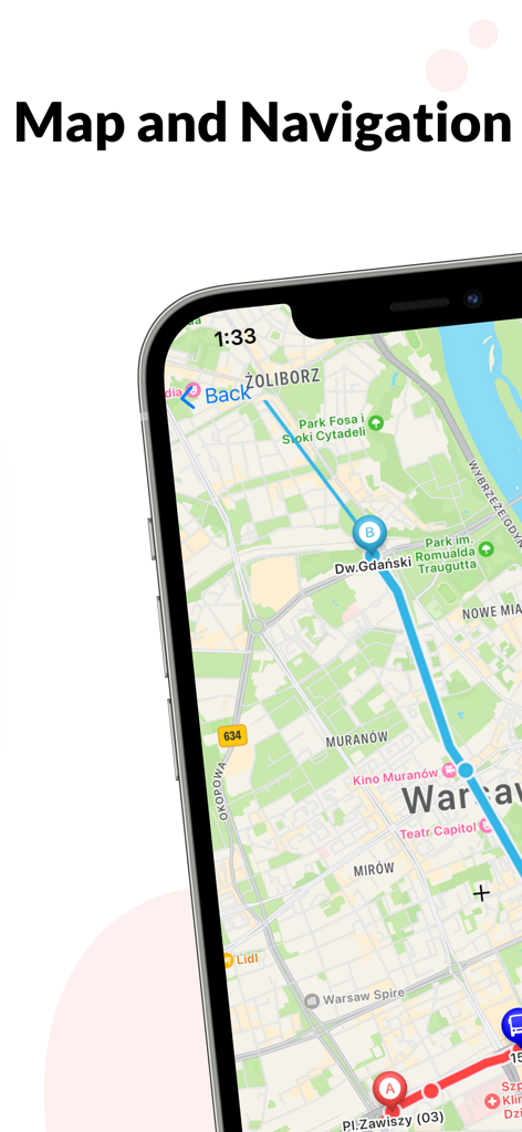 mobileMPK app screenshot showing map navigation and public transit route in Warsaw