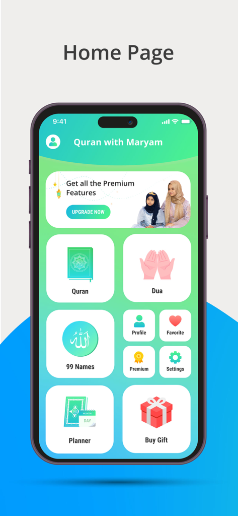 Quran With Maryam - Home page interface of the Quran with Maryam app displaying various features like Quran recitation, Dua, 99 Names, and a planner.