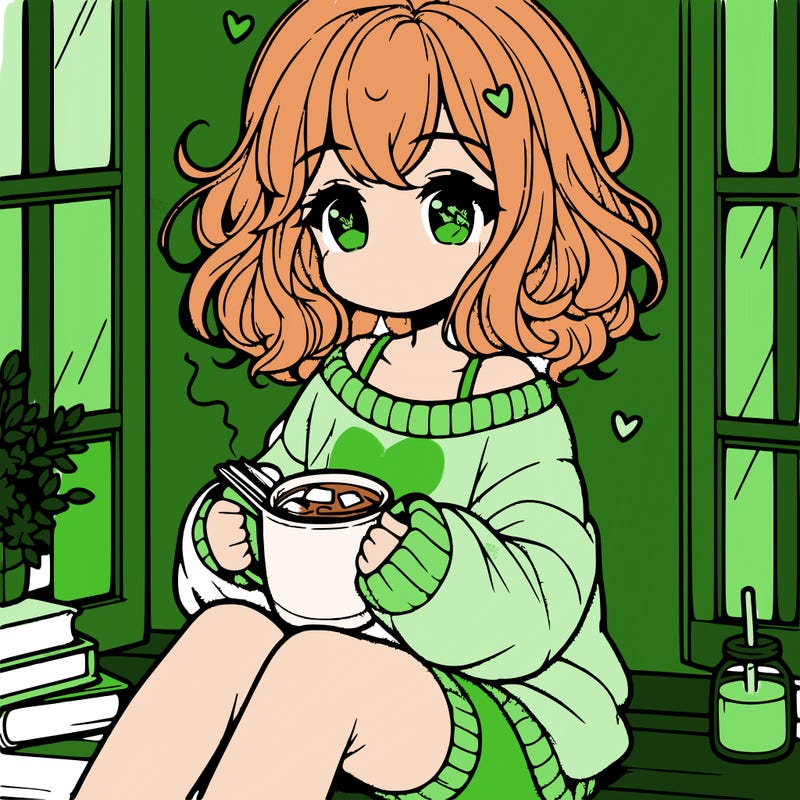 cute anime girl reading book and drinking hot chocolate from mug with loose wavy hair wearing a baggy sweatshirt and shorts sitting by windowsill looking out