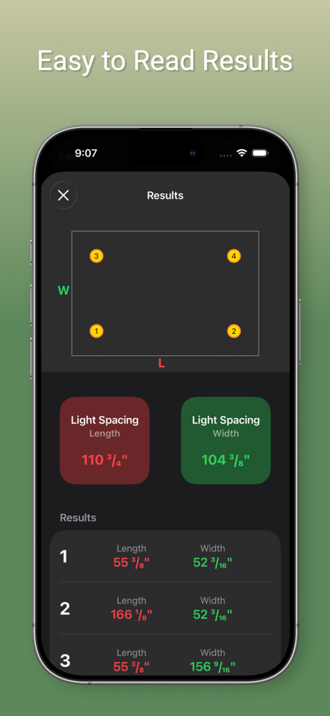 Lumen Layout app results screen showing a lighting diagram with precise length and width coordinates for recessed light placement