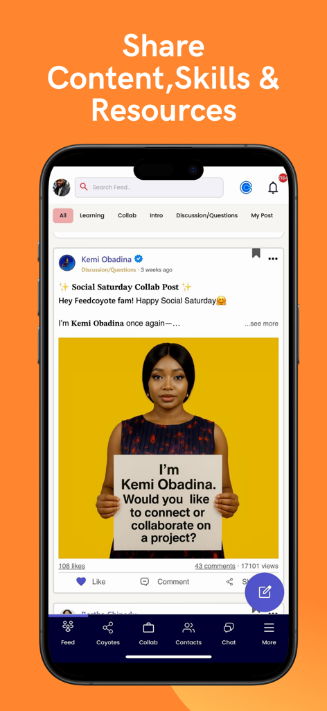 Feedcoyote: Freelance & Earn - Feedcoyote app interface showing a social feed for professional freelancers to share skills and collaborate on projects.