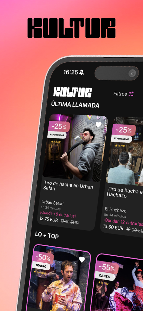 Kultur app interface displaying last minute event tickets and discounts for urban experiences.