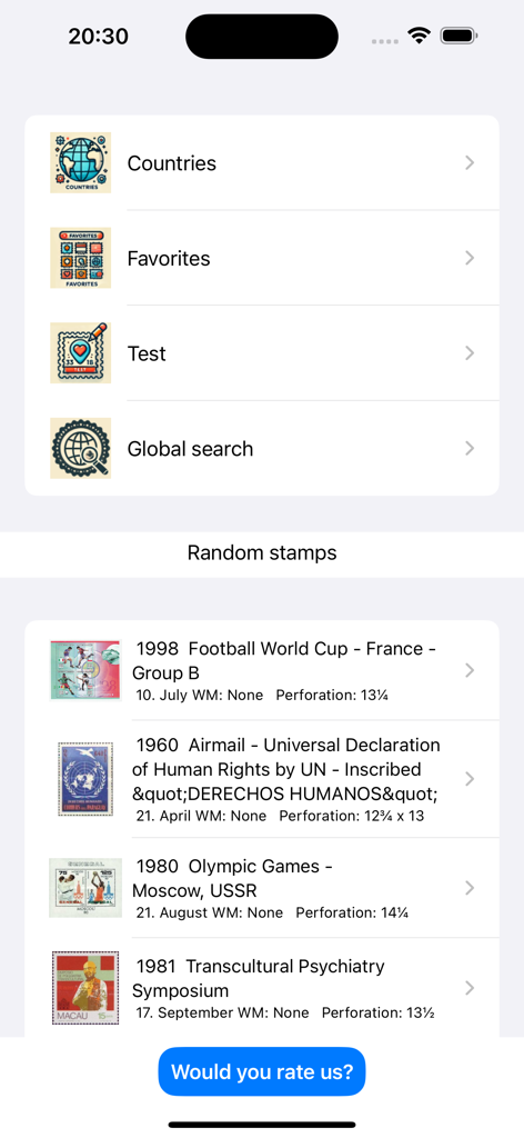 Stamp Collector: World Catalog - Main menu of the Stamp Collector app showing navigation options for countries favorites and tests alongside a list of random world stamps