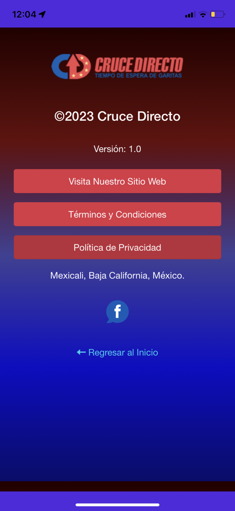 Cruce Directo Garitas - Cruce Directo Garitas app information screen featuring links to the website terms and conditions and privacy policy