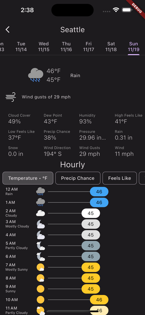 Shadow Weather - Detailed hourly forecast and weather metrics for Seattle in the Shadow Weather app interface
