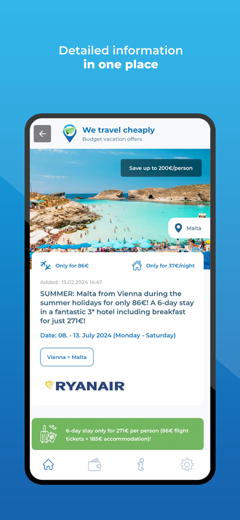 We travel cheaply - Schermata dell'app mobile che mostra un'offerta di viaggio economica dettagliata per Malta con prezzi di voli e hotel