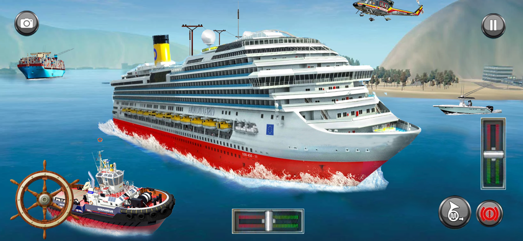 Un gran crucero navegando por aguas azules con controles de simulación de juego móvil para dirección y velocidad.