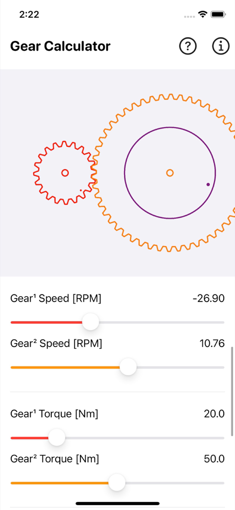 Gear Simulation & Calculation - Gear calculator app interface showing speed and torque adjustments for a two gear system simulation