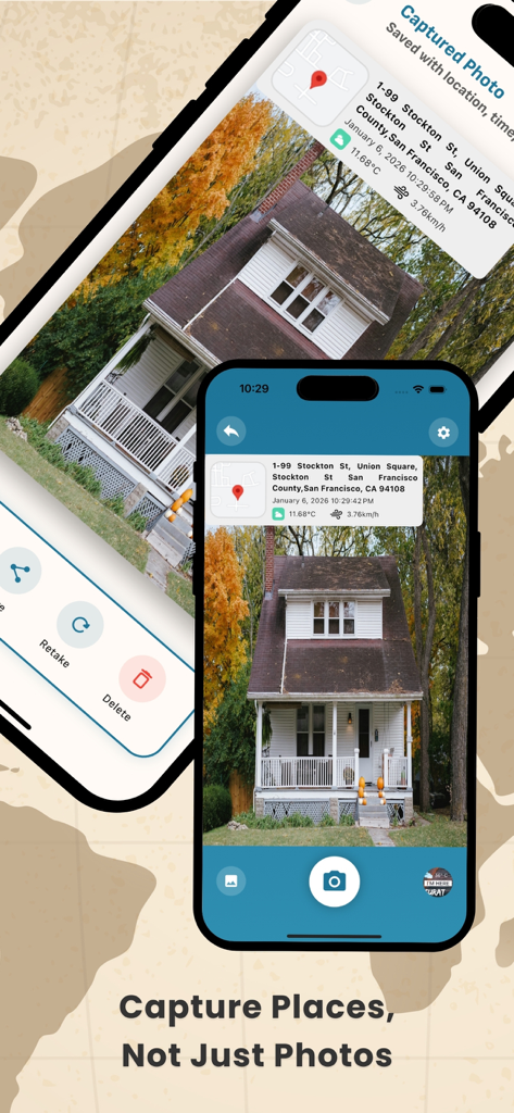 Interface of GPS Camera app showing a photo with location and time stamp