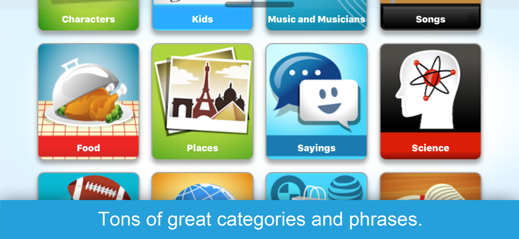 Phrase Party! — Guess Phrases - A selection of game categories in Phrase Party including Food Places Sayings and Science