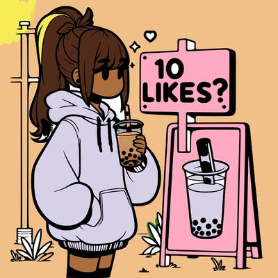 girl with oversized hoodie drinking boba and she has a high ponytail with a sign that says 10likes?