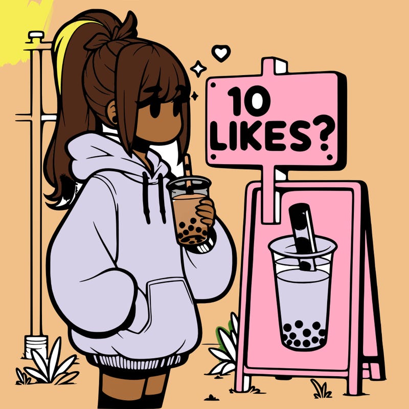 girl with oversized hoodie drinking boba and she has a high ponytail with a sign that says 10likes?