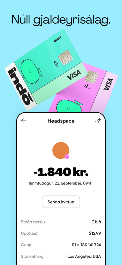 indó - Indo mobile app displaying zero currency markup for a transaction in US dollars with colorful debit cards