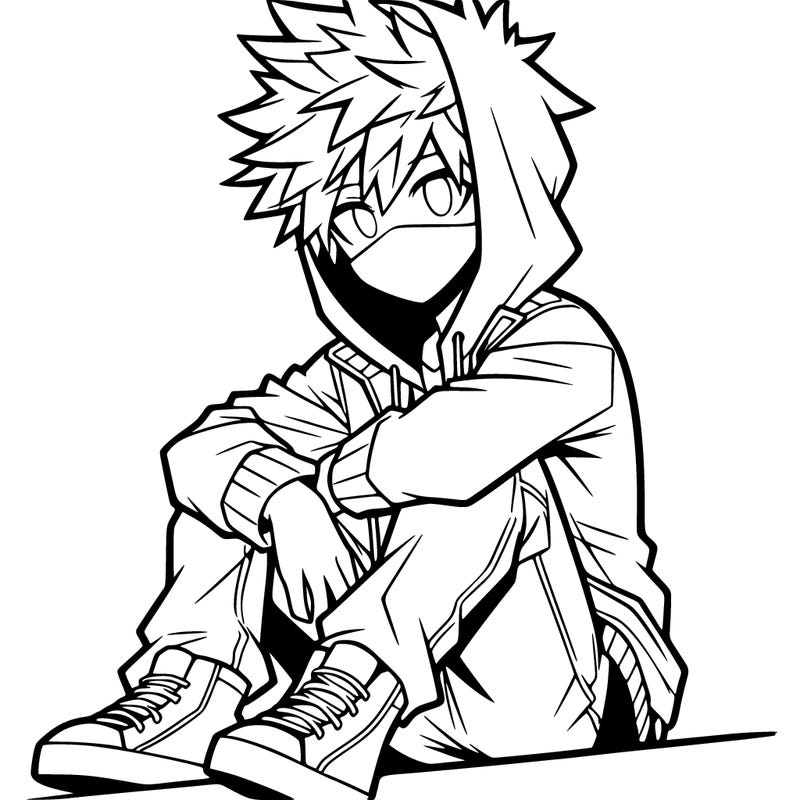 anime boy realistic with spiky hair sitting on a hill wearing a hoodie