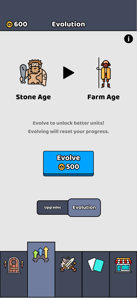 We Are Warriors! - Evolution menu in We Are Warriors game showing progress from Stone Age to Farm Age.